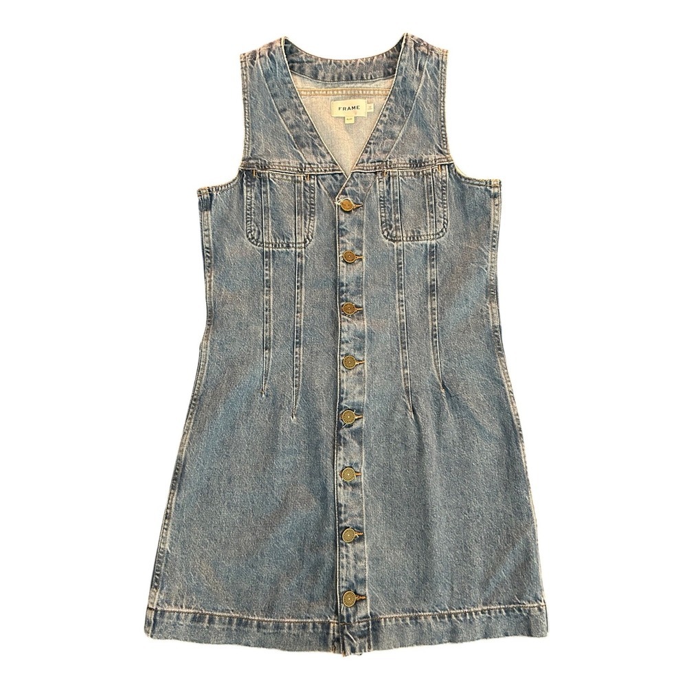 FRAME Delaware Denim Mini Dress Blue Button Front Sleeveless Size S (1243)